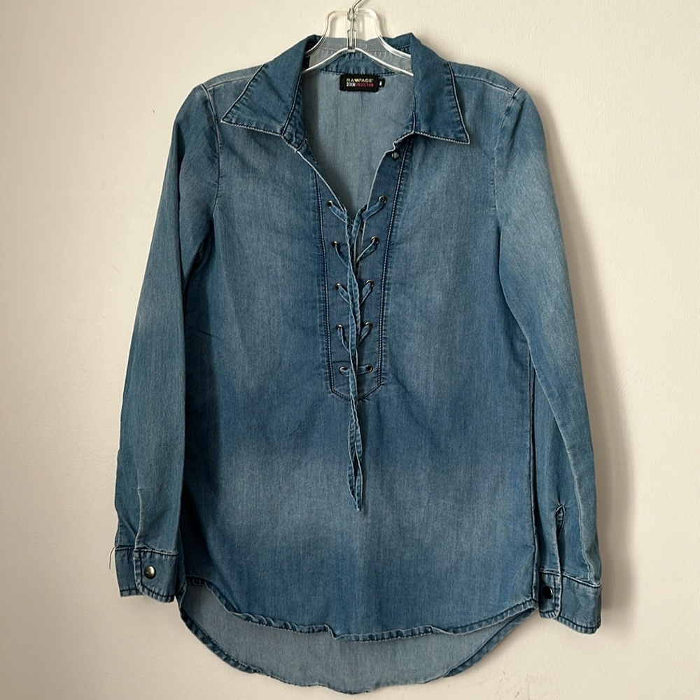 Rampage Denim Tunic Top Lace Up Front Long Sleeve Women's M Shirt